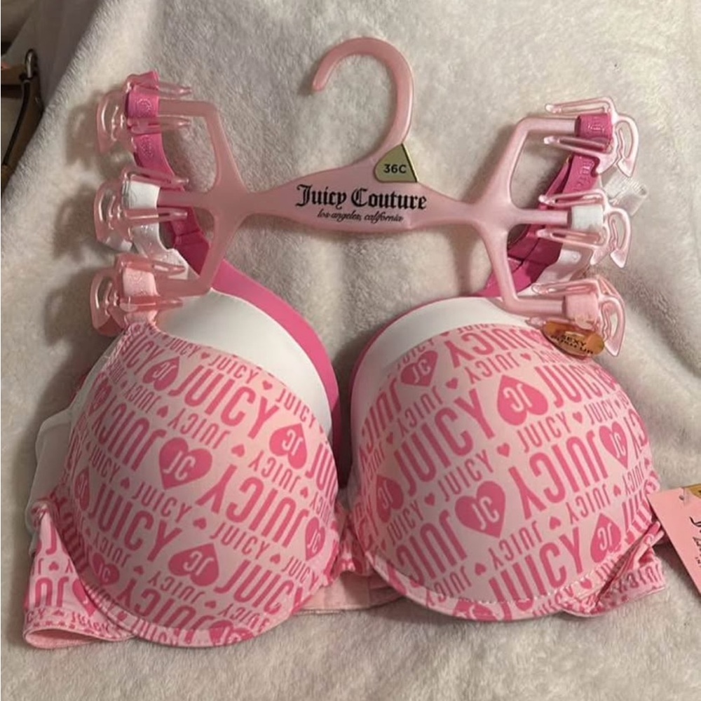 NWT Juicy Couture Pink hot pink white push up bra Set 36C Valentine’s Day gift